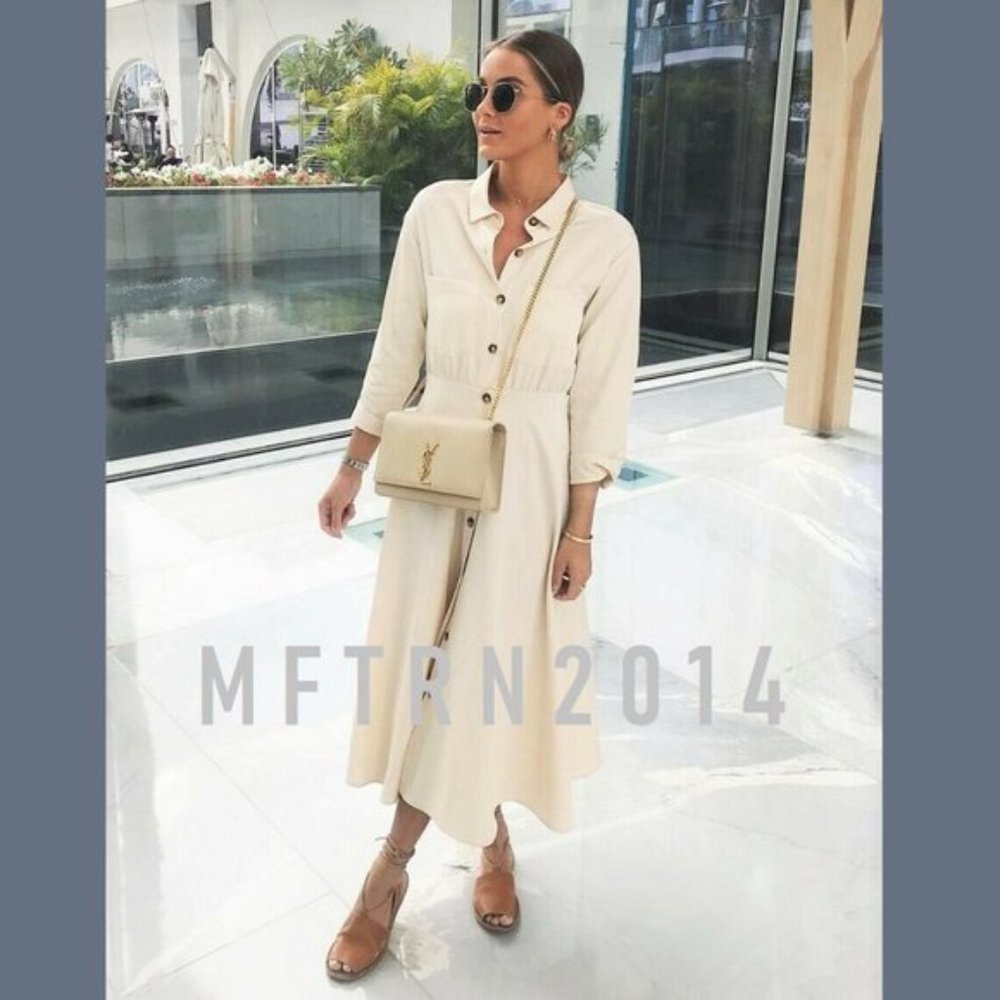 ZARA Cream Midi Button Down Shirt Dress S